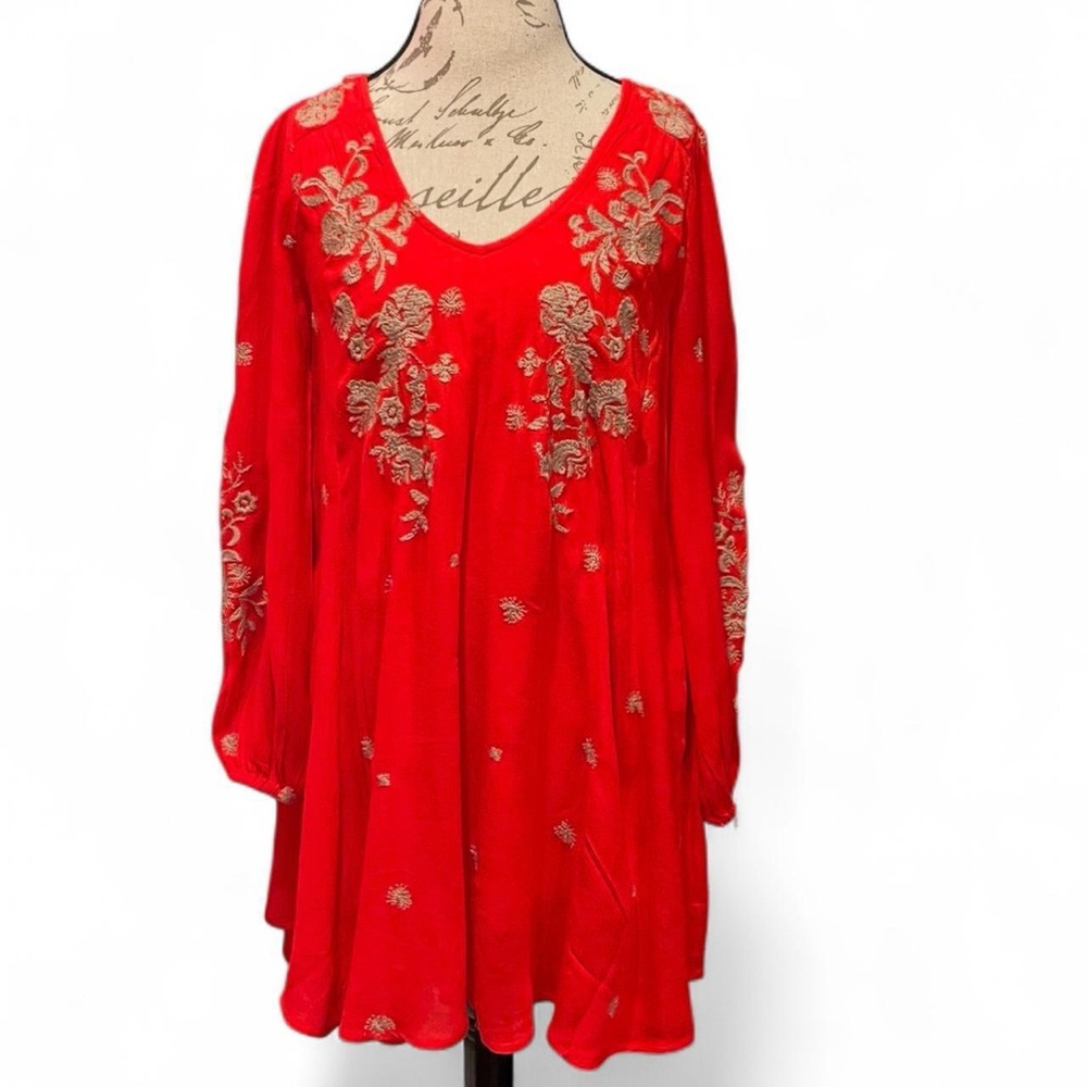 Free People Red Long Sleeve Embroidered V-Neck Tunic